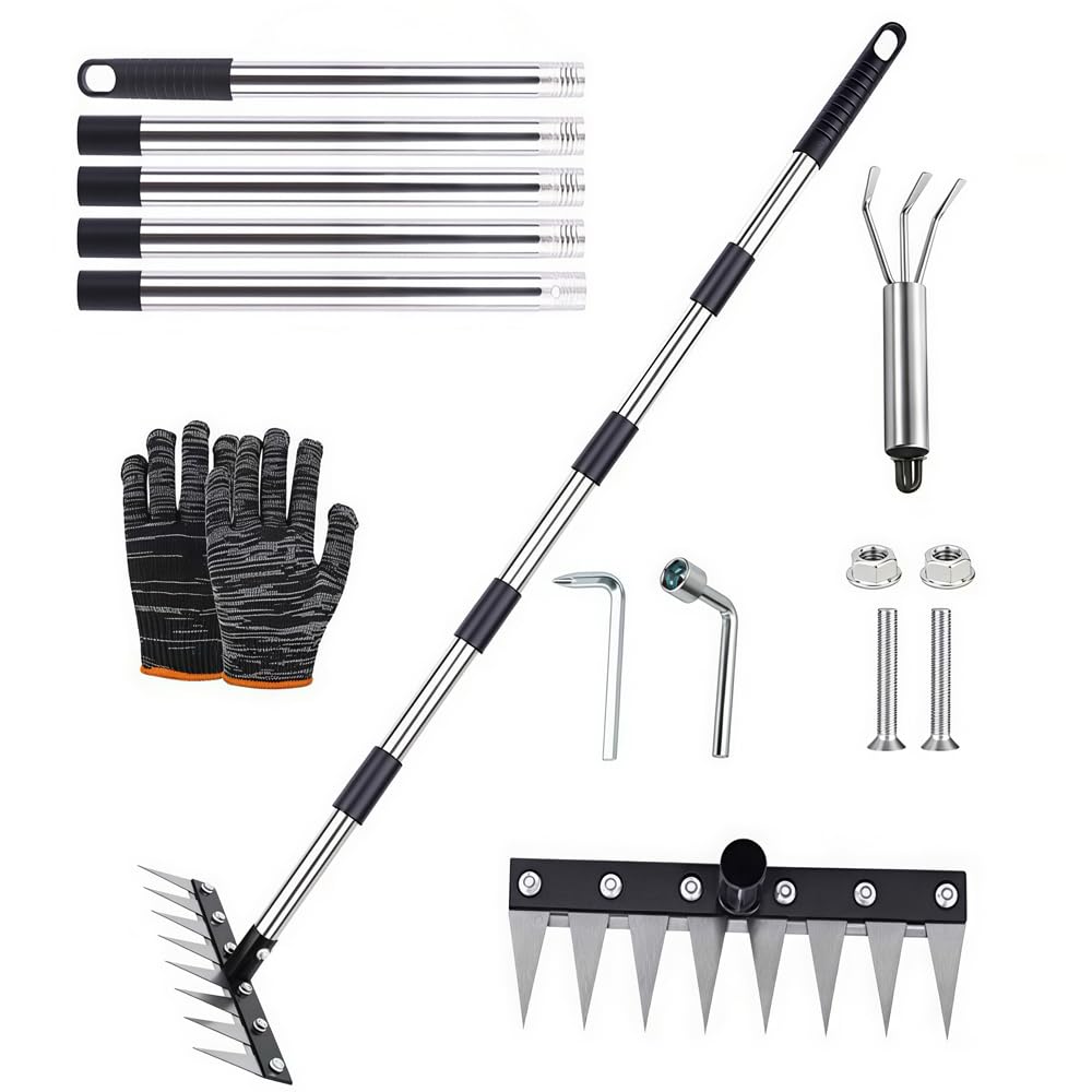 Rastrillo de Deshierbe con Mango de Acero Inoxidable 185cm, Rastrillo de Acero Grueso de 8 Dientes, Herramienta de Extracción de Malas Hierbas, para Deshierbar, Aflojar, Sembrar, Patio y Jardín - 1