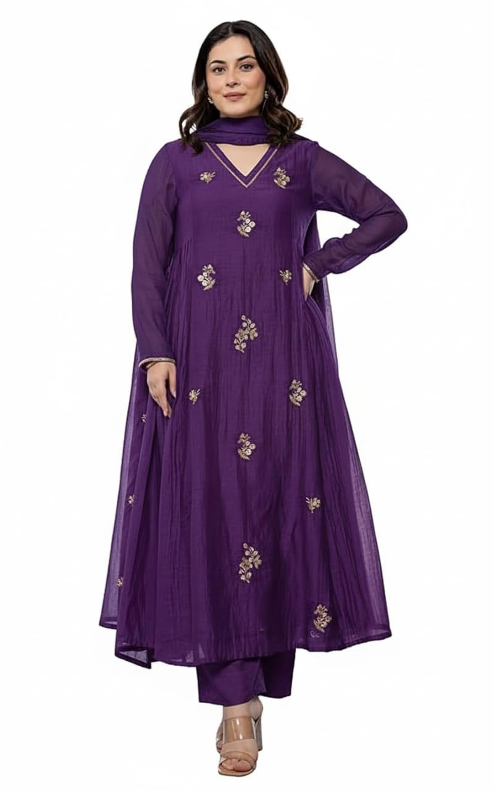 Anarkali Kurta-Set für Damen mit Dupatta-Stickerei, lang, ausgestelltes Salwar-Anzugkleid