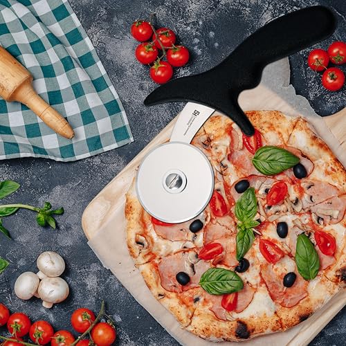 Image of HS 2.5 Inch Professional Pizza Cutter with Medium Handle, Sandwich Paratha Chapati Roti Wheel Smooth Rotating Slicer Food Grade Stainless Steel, Japanese Grade for Home and Commercial Use, Black