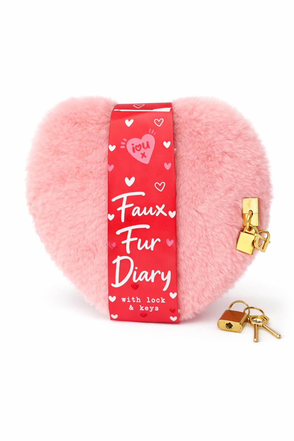 Heart Shaped Faux Fur Diary with Lock and Keys, Plush Lined Notebook, Valentine’s Gift (Pink)