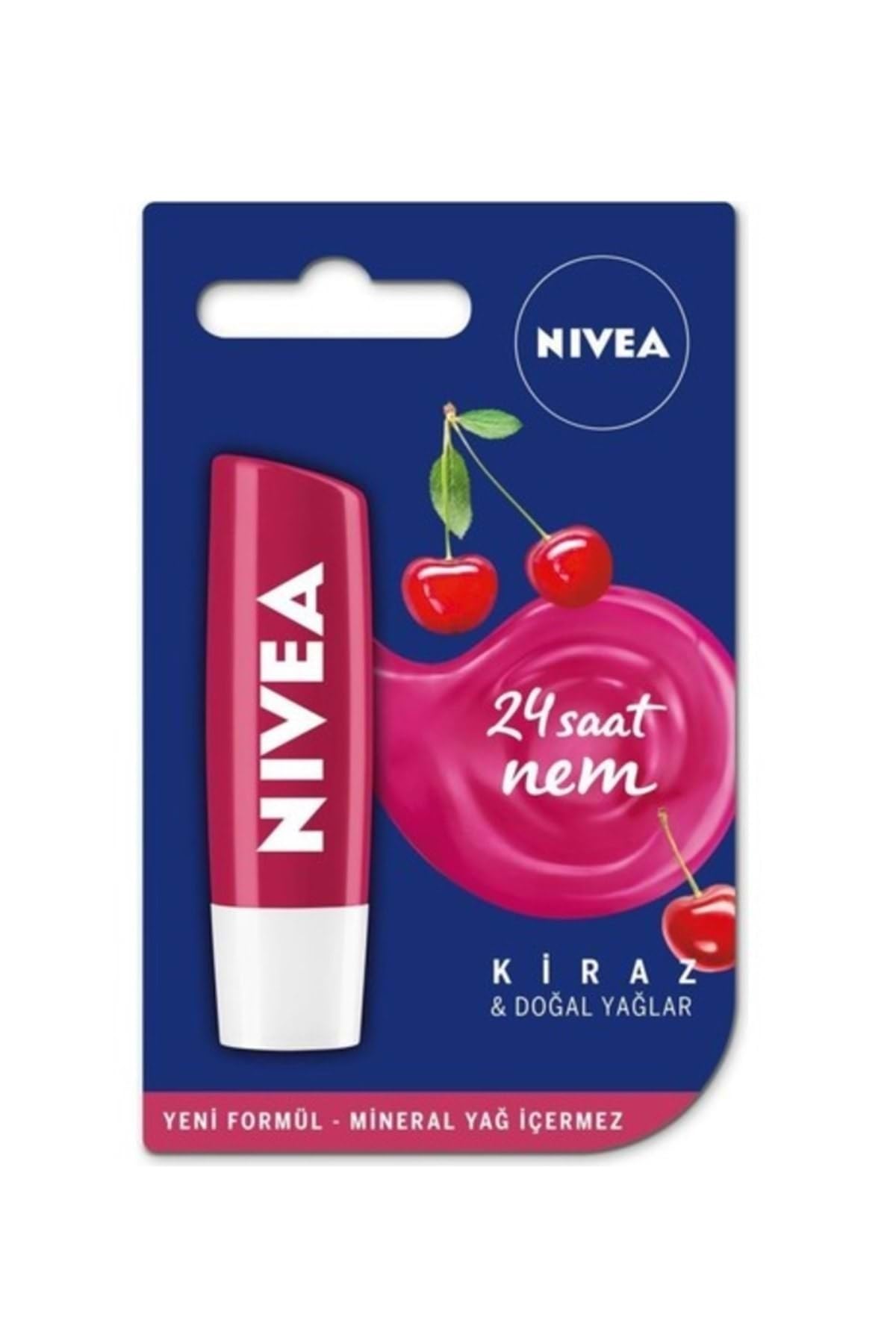 NIVEA Dudak Kremi Kiraz Işıltısı, 24 Saat Nem, Mineral Yağ İçermez