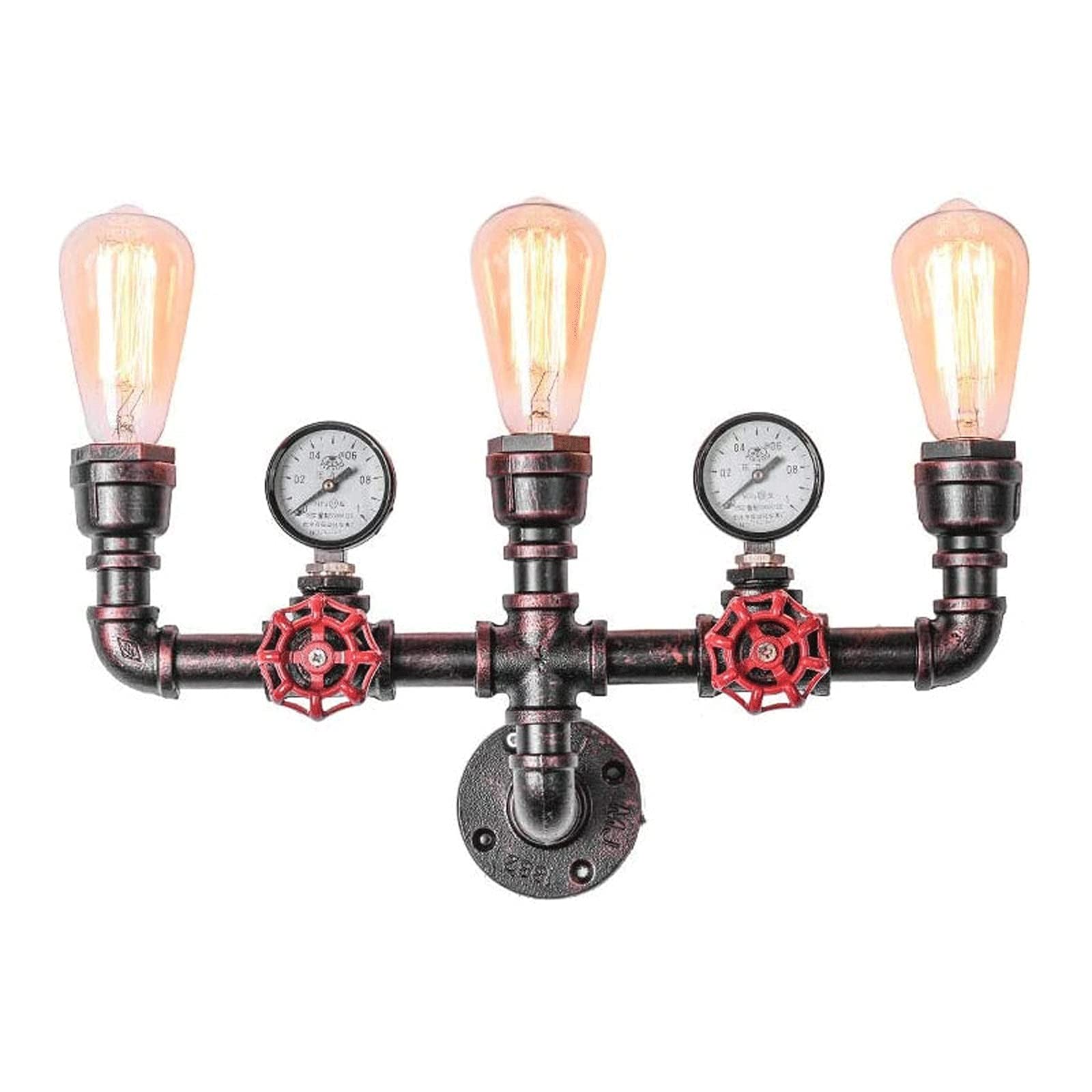 Bloohk Light/Red 3- Industrial Pipe Wall Lamp Vintage Steampunk Wall Sconce With Valve Gauge, Rustic Metal Ing Fixture For Loft, Bar, Restaurant Decor