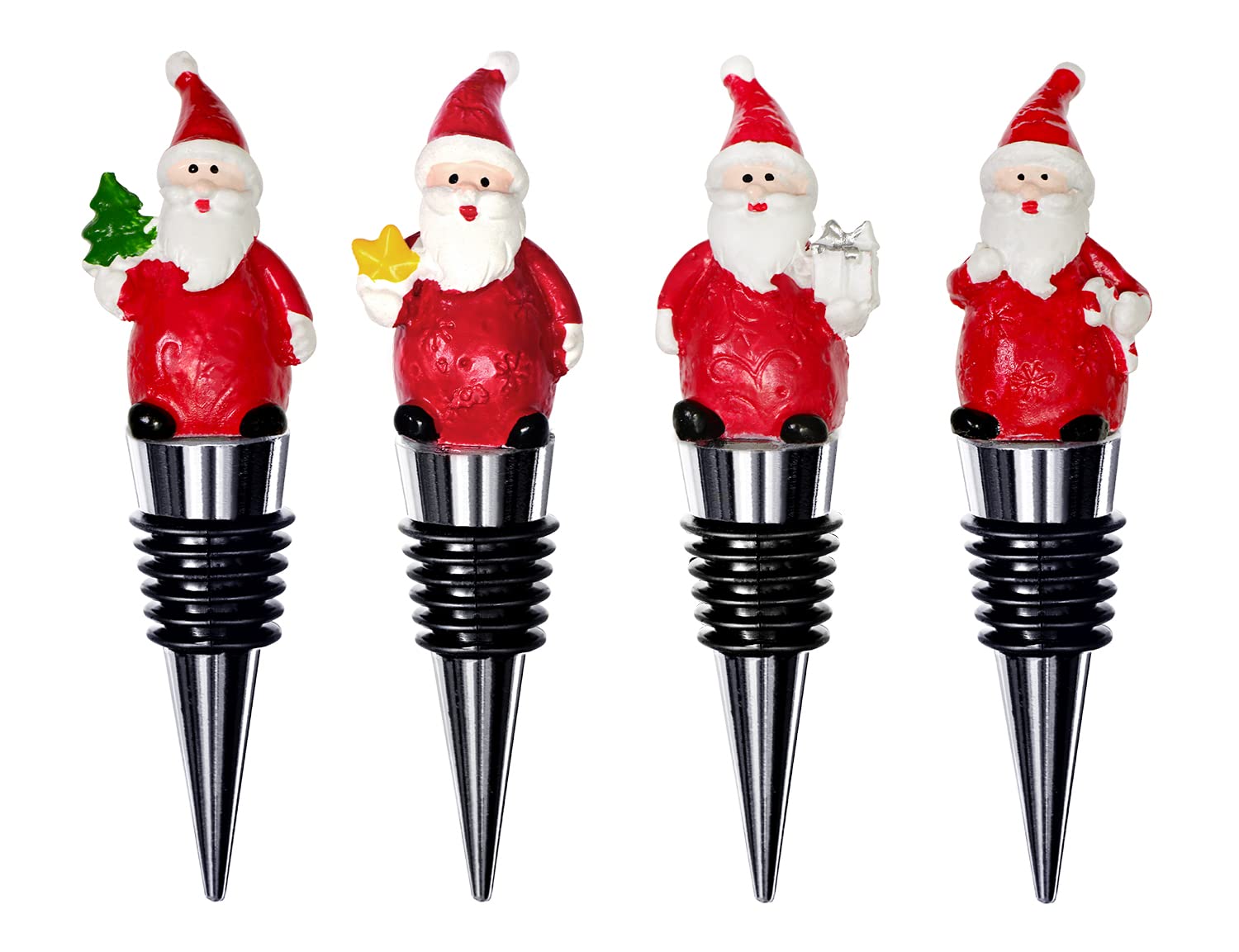 Christmas Wine Stopper Set of 4, Silicone Bottom Cute Decor, Santa Shapes Leakproof Xmas Gift for Liquor Bottles, Bar/Kitchen/Home Accessories (4 Santa)