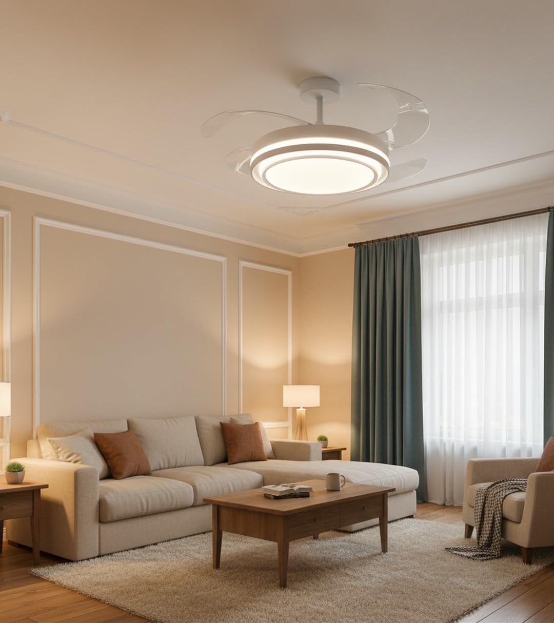 BEL AIR HOME - Ventilador de Techo NIKOS Motor DC Aspas Desplegables Retráctiles Luz LED 36W 3000K/4000K/6500K Mando a Distancia Eficiencia Energética Diseño Moderno Blanco 50x50x35 cm