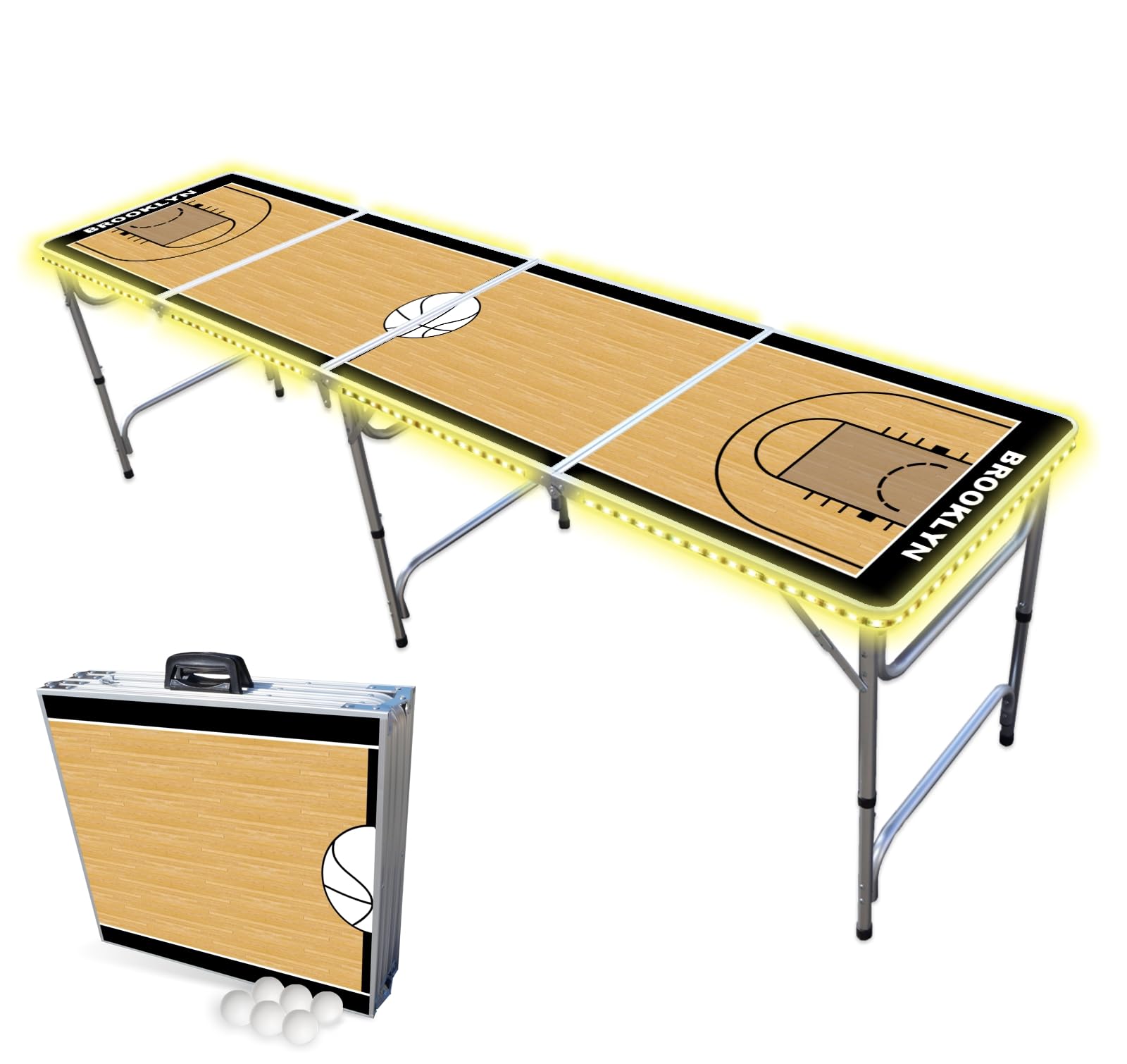 8-Foot Professional Beer Pong Table w/LED Lights - Brooklyn Basketball Court