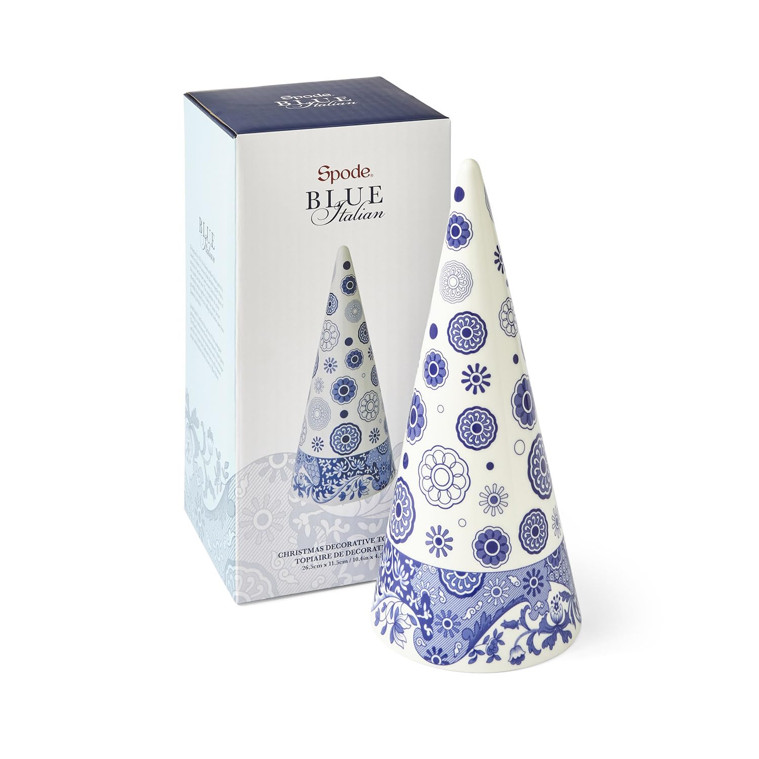 SpodeBlue Italian Topiary - 10 Inch Cone Shaped Ceramic Christmas Tree Porcelain Sculpture with Scroll & Spoke Motif - Blue & White Decorative Accent for Table, Mantel, or Dining Room Décor