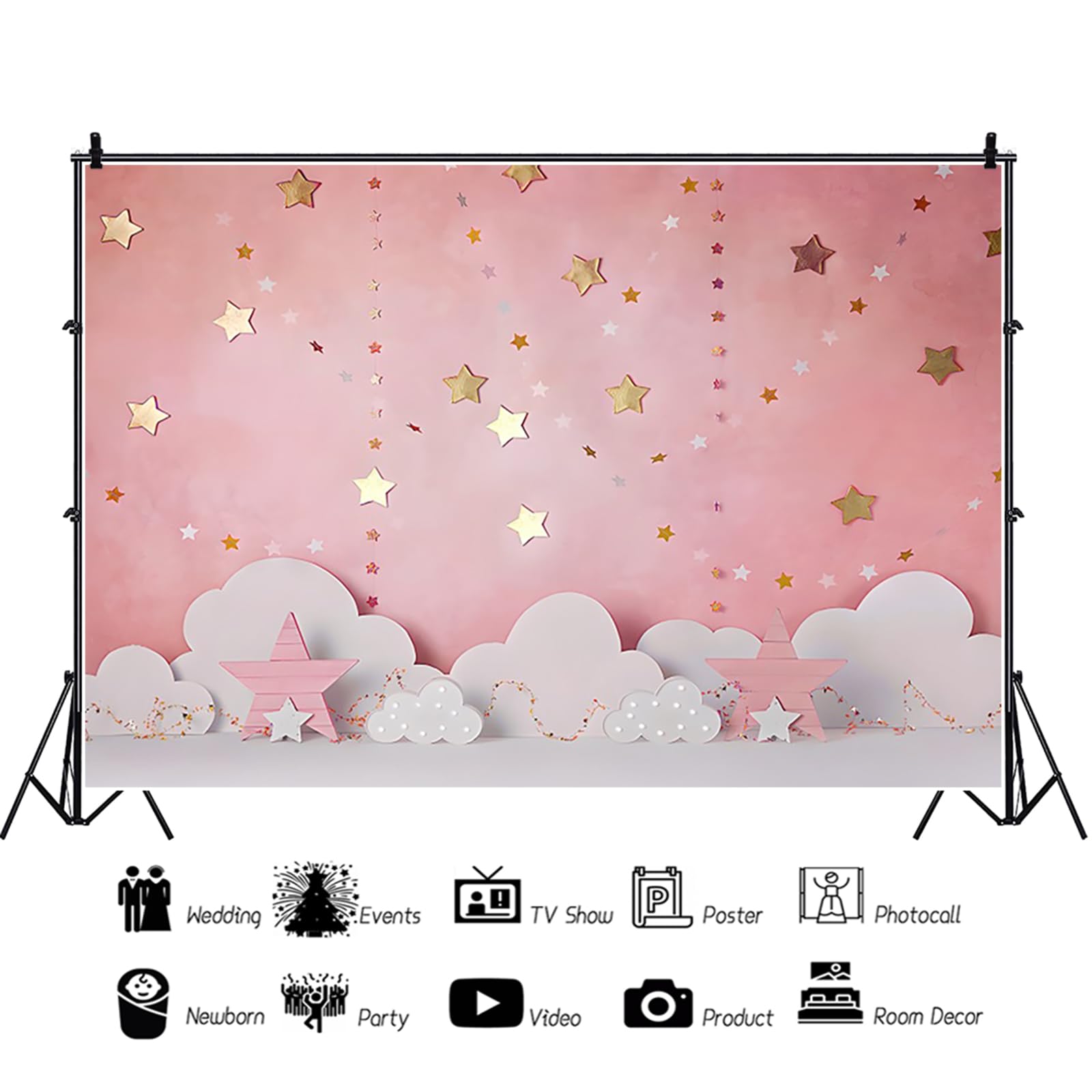 7x5ft Pink Backdrop Pink Sky White Cloud Starry Stars Photography Background Girls Birthday Baby Shower Party Banner Decorations Supplies Photo Booth Props