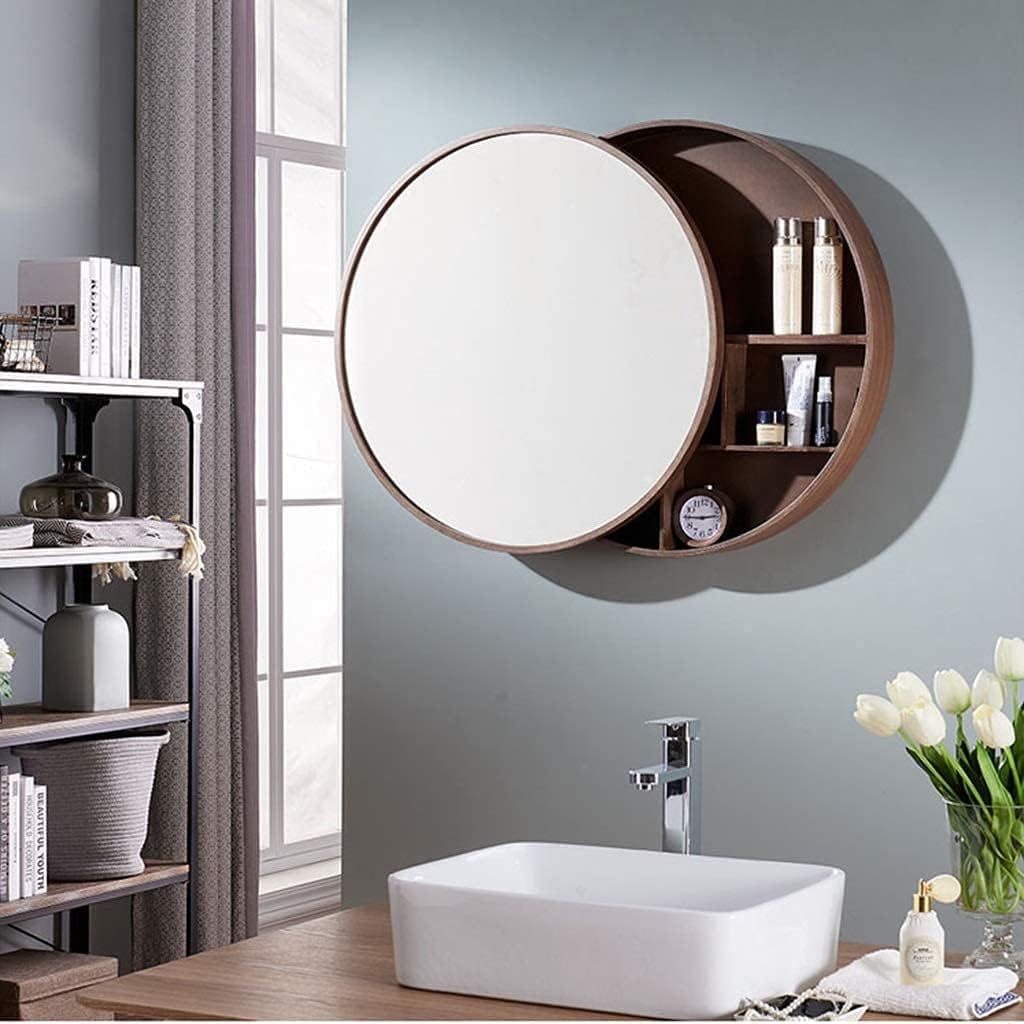 Bathroom Cabinet,Bathroom Wall Cabinet Storage Orga Bathroom Bathroom Mirror with Shelf Locker Wall Makeup Vanity Round Mirror,Walnut Color-70cm