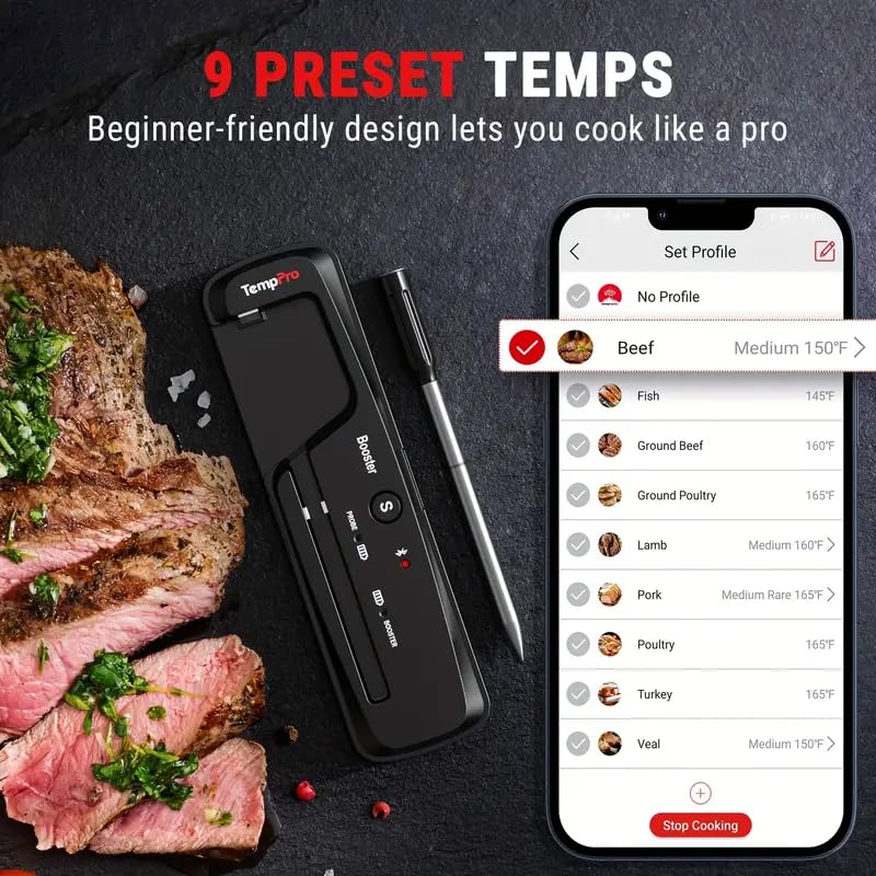 500FT Wireless Meat Thermometer – Bluetooth Digital Food Thermometer with Temperature Alarm, Smart BBQ Grill Thermometer for Oven, Smoker, Kitchen & Rotisserie Cooking