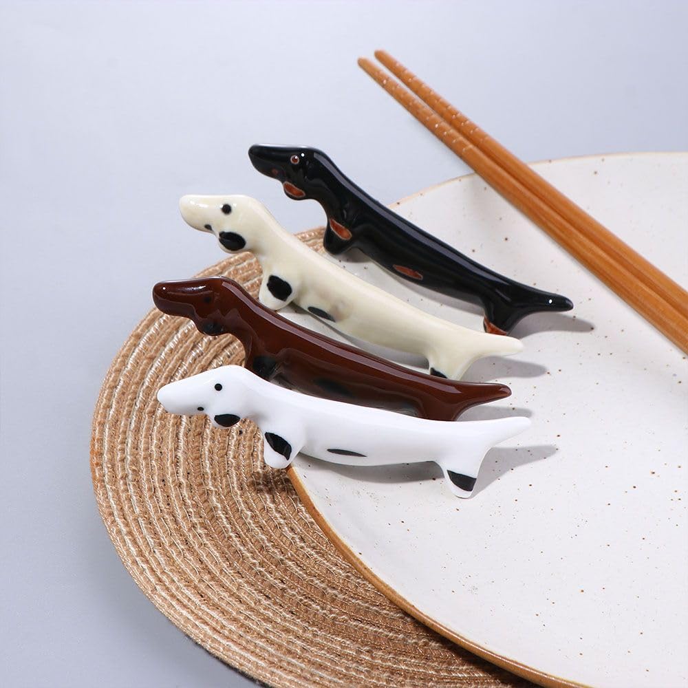 4 Porte-baguettes En Céramique Forme Chien - Noir Et Blanc - 6,8x3,2x2,3 Cm - Pour Cuisine, Restaurant, Cadeau