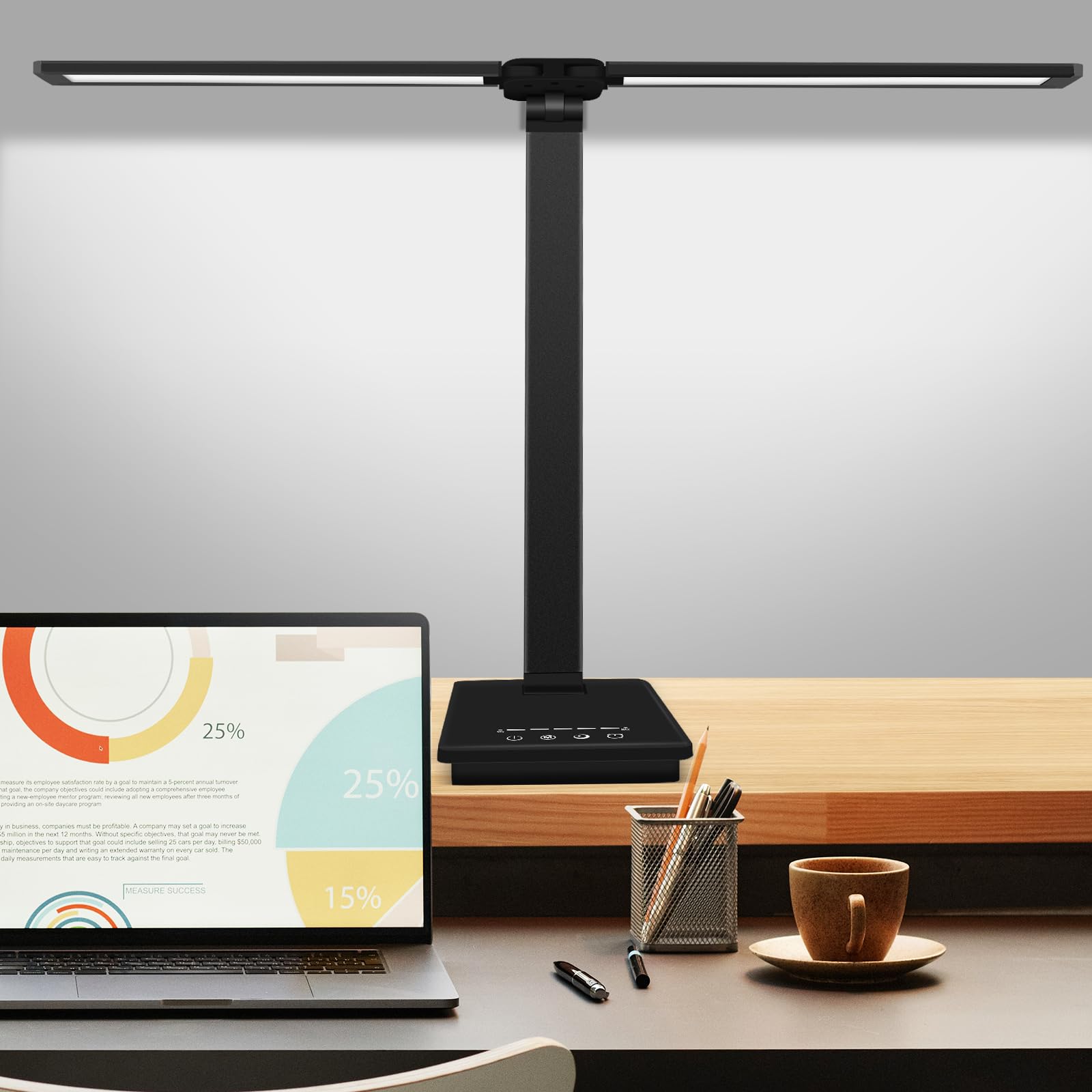 Lámparas de Escritorio para la Oficina en Casa, Lámpara LED de Doble Cabezal, Control Táctil de Brillo y Temperatura de Color Ajustable, Puerto USB de Carga