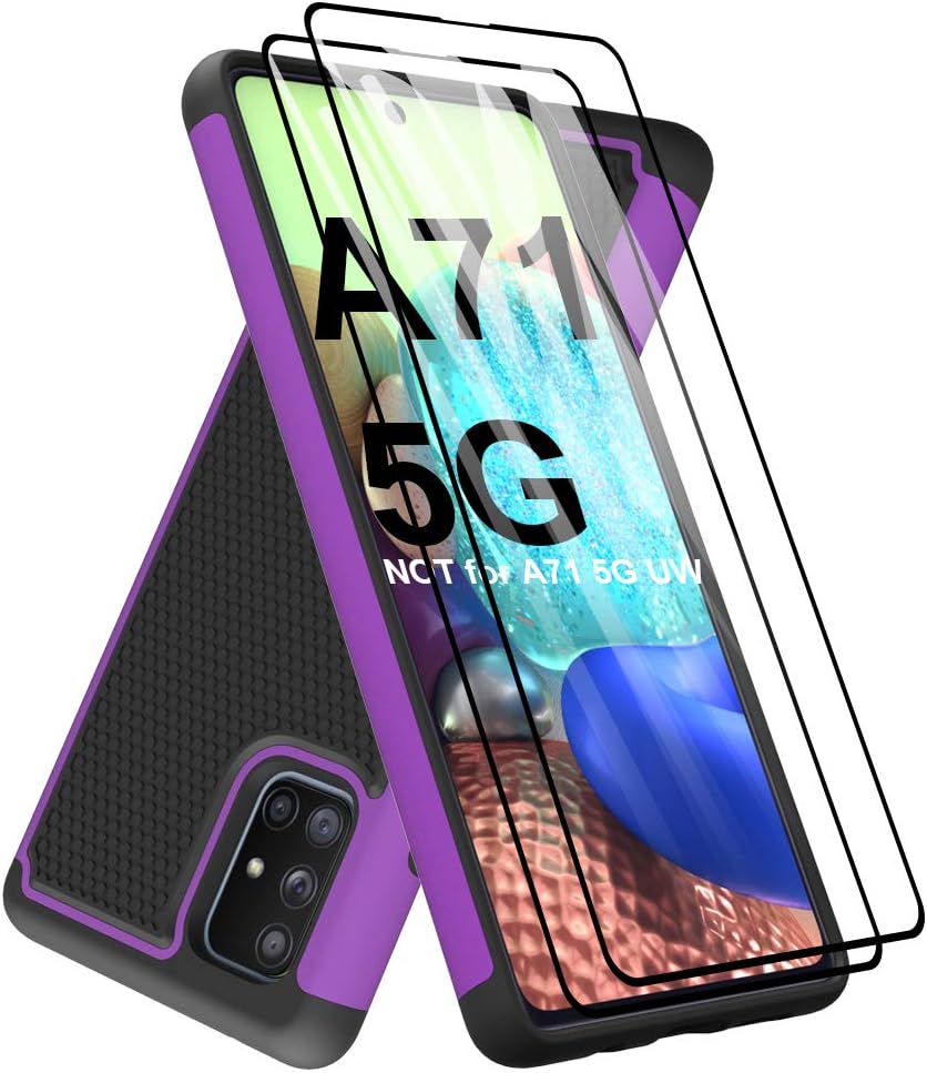 Dahkoiz Case for Samsung Galaxy A71 5G Case with Tempered Glass Screen Protector[2 Pack],Drop Protection Armor Defender Cover Dual Layer Hybrid Protective Phone Cases for Samsung Galaxy A71 5G, Purple