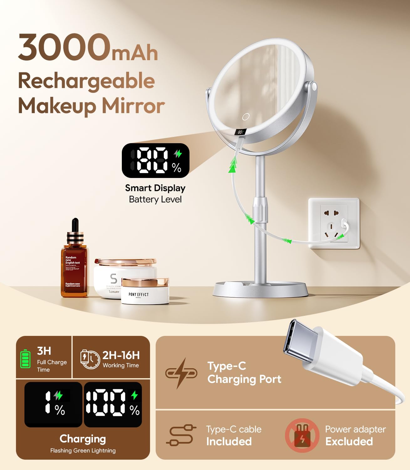 Specchio da trucco illuminato in ABS da 17,8 cm, con luci, ingrandimento 1X/20X con luce e display digitale, altezza regolabile da 6,6 cm, ricaricabile, 3 modalità di colore per trucco e rasatura