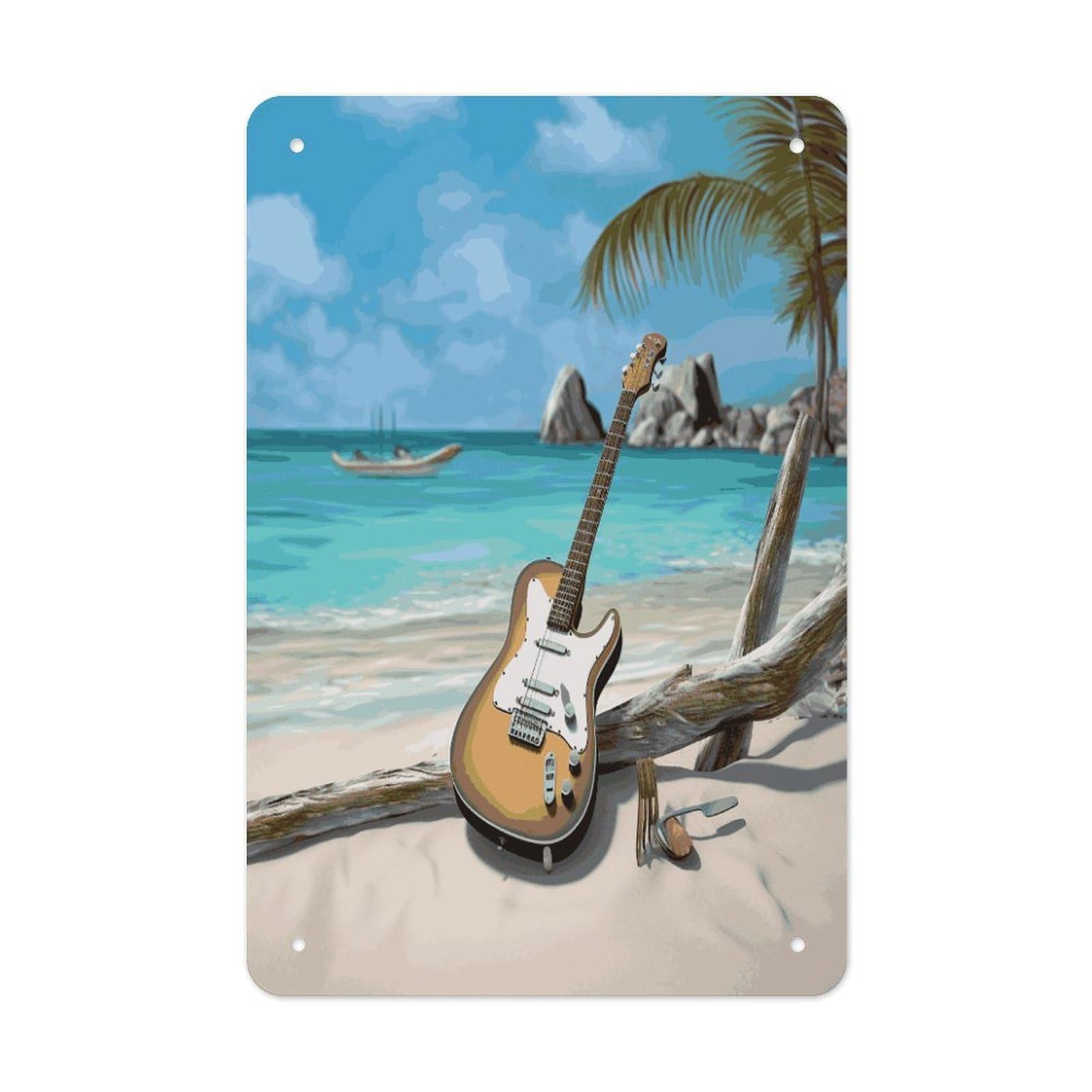 Btcowzrv Style Guitar On The Beach Metal Tin Sign Wall Decor Hanging Plaque