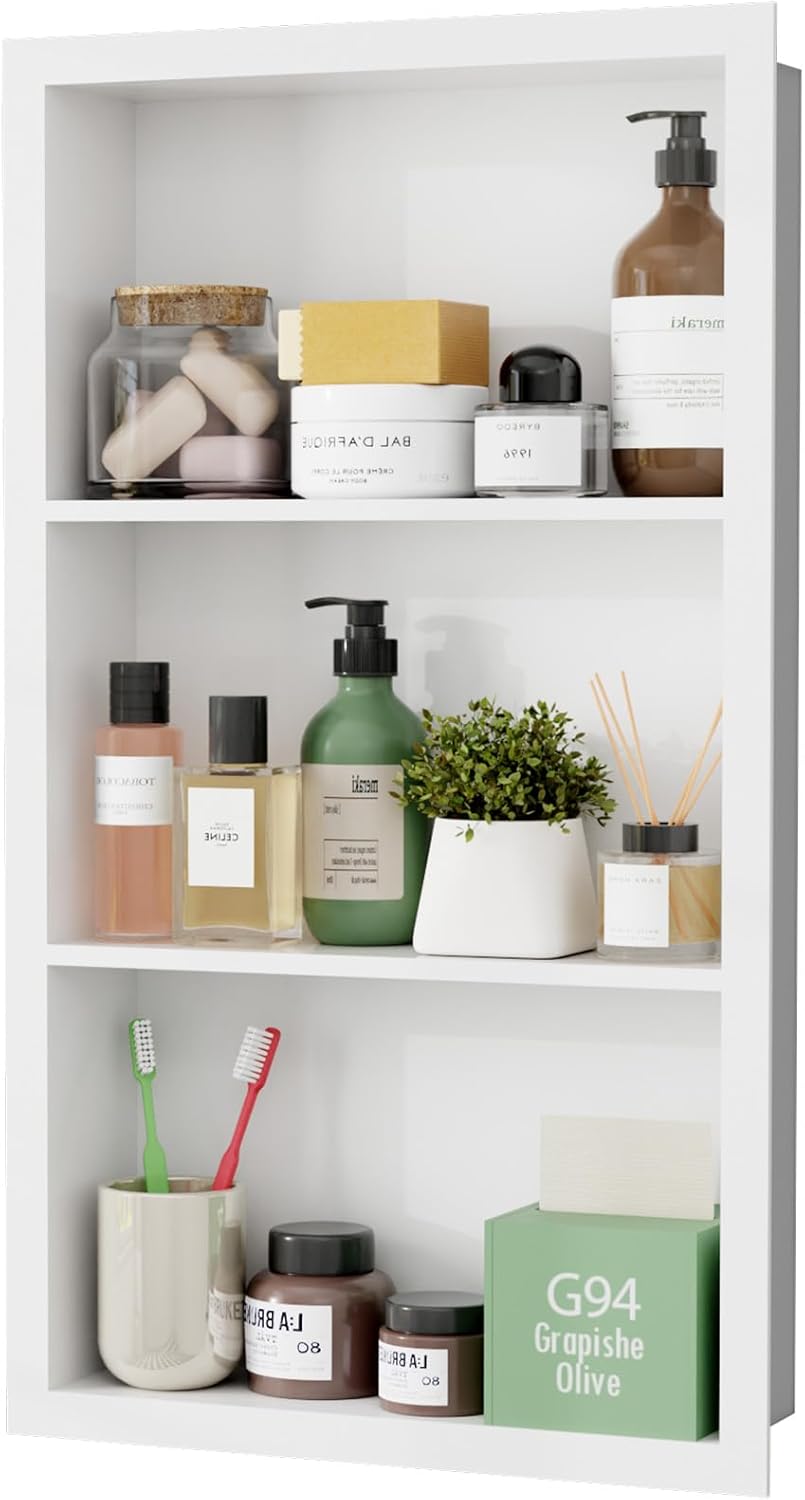 Stainless Steel Recessed Medicine Cabinet 14''*24'', Rust-Proof Metal Wall Niche, in Wall Shower Niche Shelf Insert Replacement, Recessed Medicine Cabinets for Drywall, Bathroom Storage, White White 24''H * 14''W (3-Tier)