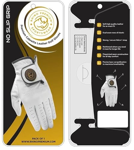 Rhino Golf Men's Left Hand Premium 100% Cabretta Leather Classic Golf Glove Authentic Firm Grip Tight Fit (Classic White, Xx-Large, Left) #TOP23