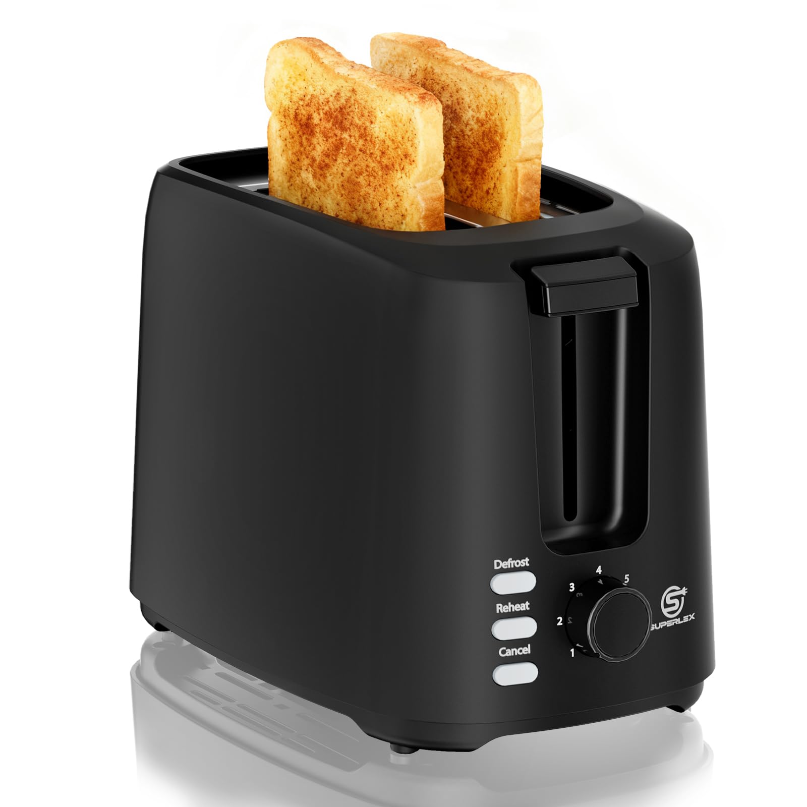 SUPERLEX Toaster 2 Slice 750W Extra Wide Toaster with 7 Browning Settings, Reheat, Defrost & Cancel Functions, Removable Crumb Tray for Artisan Bread, Baguettes & Thick Slices, Matt Black