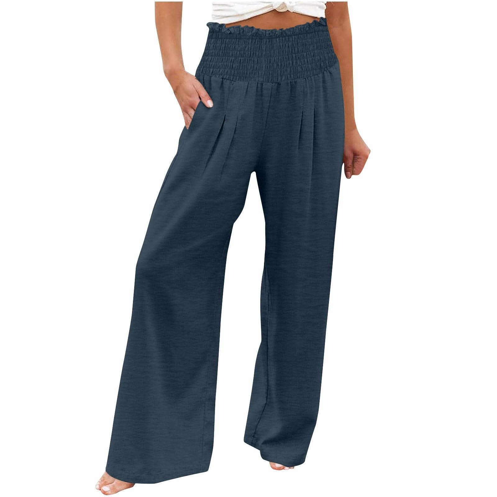 Womens Elastic High Waisted Palazzo Pants Loose Casual Wide Leg Trousers Lounge Long Pant with Pocket