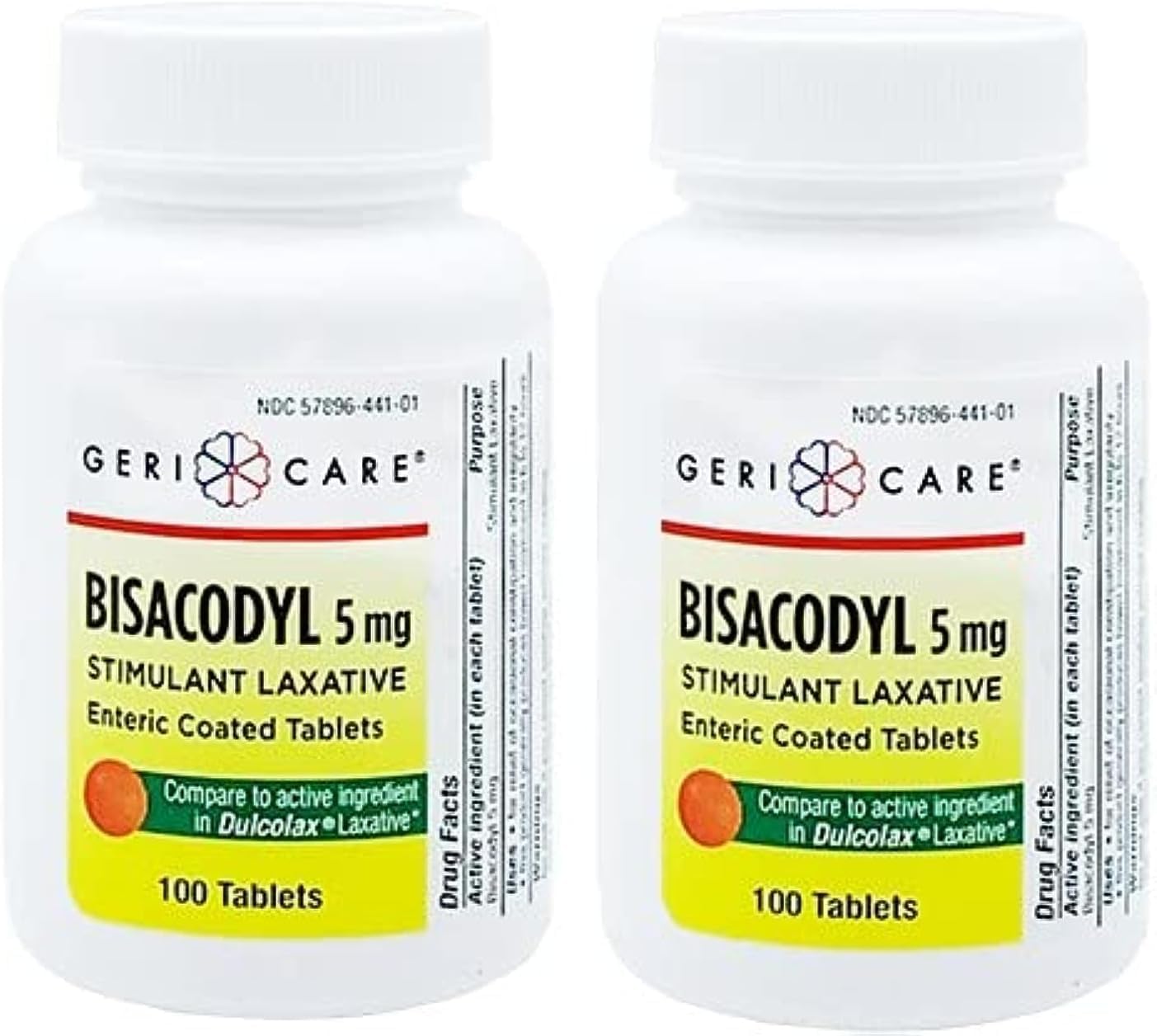 GeriCare Bisacodyl 5 mg Laxative Coated Tablet | Generic for Dulcolax | Stimulant Laxative | Gentle Overnight Constipation Relief 100 Count (Pack of 2) GeriCare Bisacodyl 5 mg Laxative Coated Tablet | Generic for Dulcolax | Stimulant Laxative | Gentle Overnight Constipation Relief 100 Count (Pack of 2)