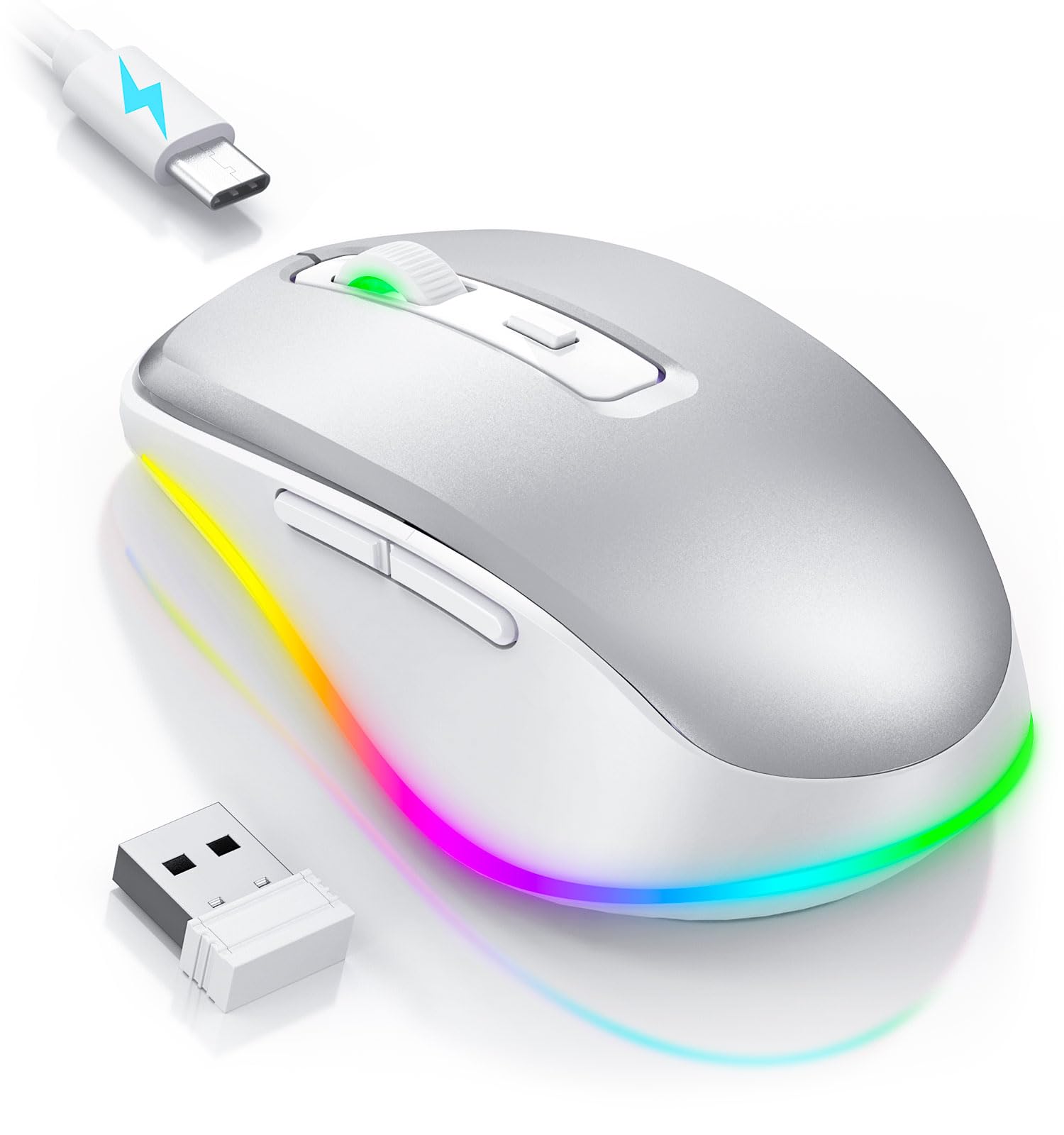 PEIOUS Wireless Mouse Jiggler - LED Wireless Mice with Build-in Mouse Mover, Rechargeable Moving Mouse for Laptop with Undetectable Random Movement Keeps Computers Awake - Silver