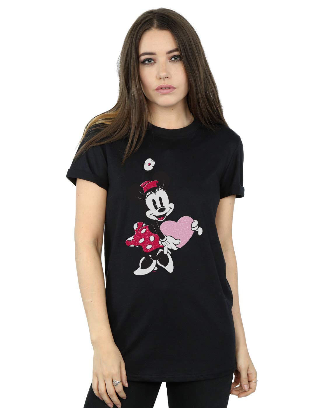 Absolute Cult Women's Black Disney Minnie Mouse Love Heart Boyfriend Fit T-Shirt X-Large