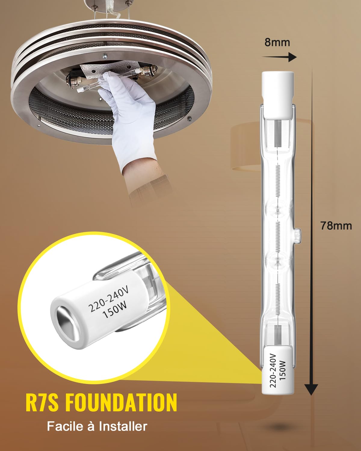 Ampoule Halogène R7S 150W 78mm 2800K - Blanc Chaud - 220V - Neuf