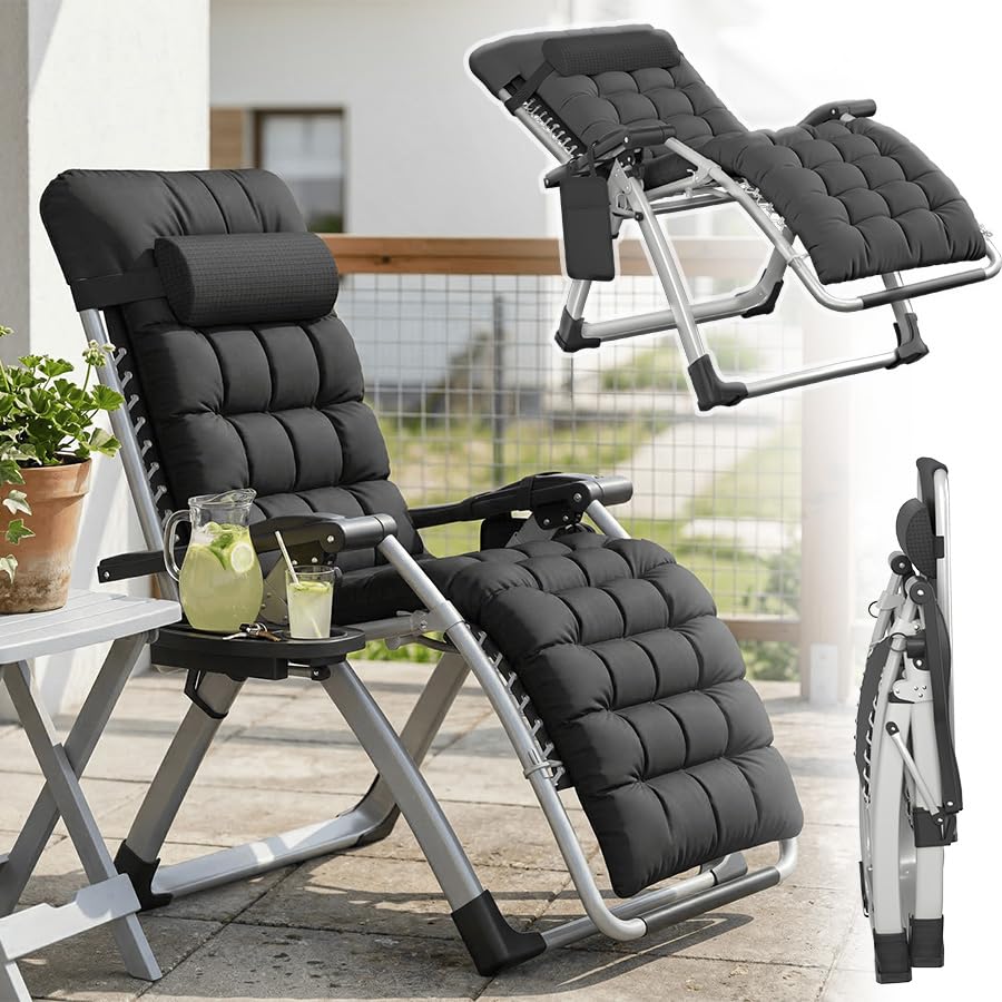 LARS360 Foldable Zero Gravity Sunlounger, Adjustable Patio Recliner with Removable Cotton Cushion, Side Pocket & Cup Holder, Metal Frame Holds 160kg, for Garden Pool Beach, Black