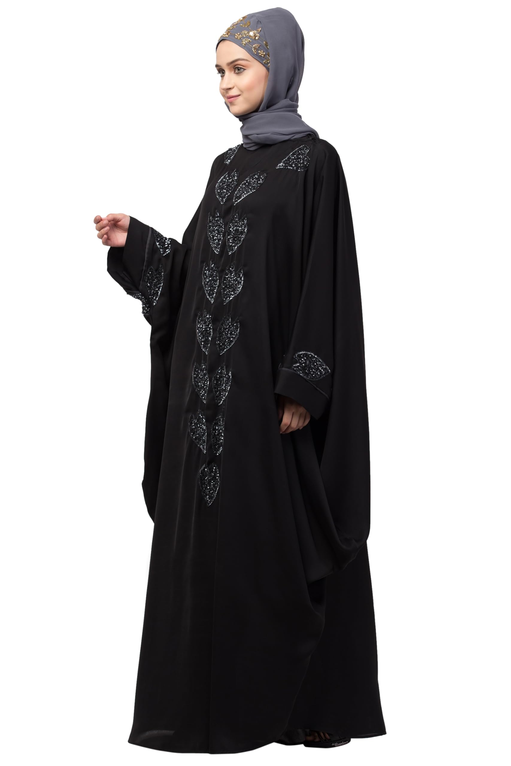 nazneen Dubai Kaftan with Hijab, Front and Sleeve Hand Embroidered, Fabric, Traditional Style, Women' WITH HIJAB-picture-32