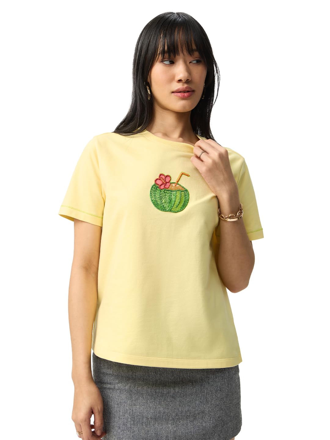 the souled store Casual Classics: Coconut Water Women and Girls Short Sleeves Round Neck Light Yellow Embroidered Cotton Relaxed Fit Lightweight Everyday Streetwear T-Shirt-picture-32