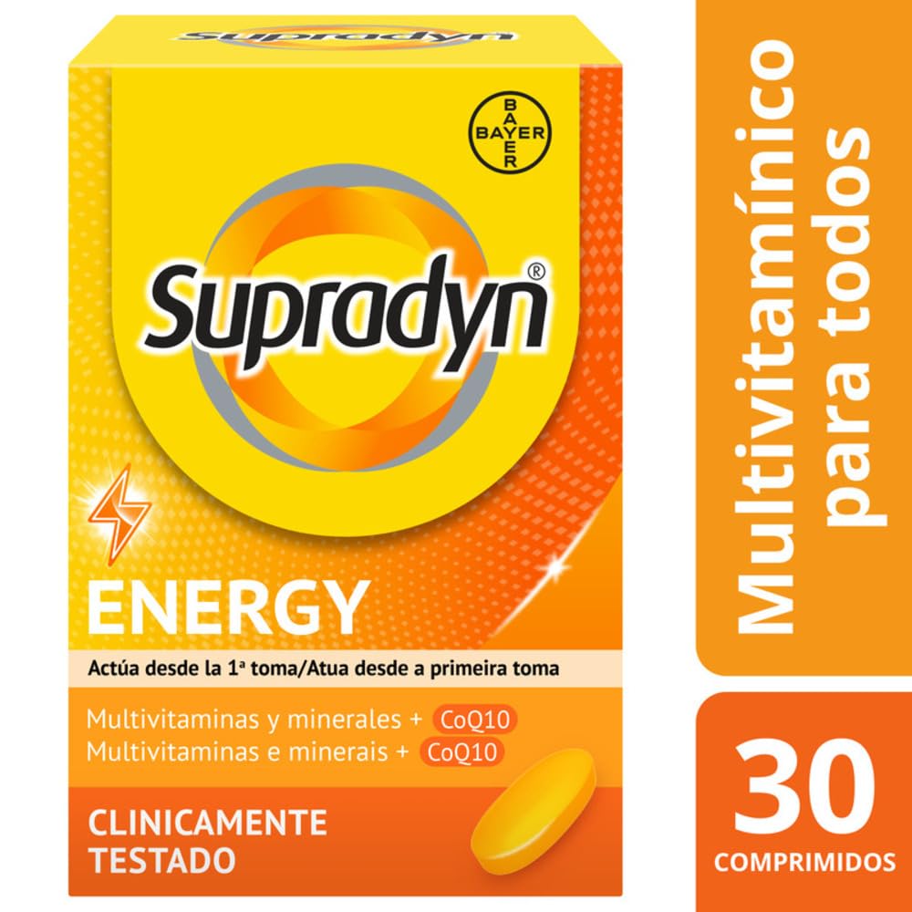 Supradyn Energy Multivitamínico para hombres y mujeres, Complejo Vitamínico Con Efecto Energía, 13 Vitaminas, 9 Minerales Y Coenzima Q10, Sin sabor, Amarillo, 30 Comprimidos