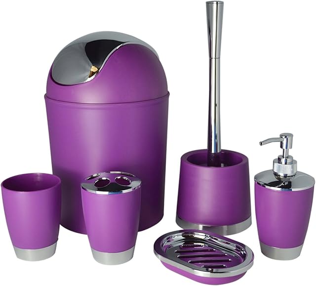 Bathlux Modern Design 6 Piece Bathroom Accessory Set, Toilet Brush, Waste Bin, Soap Dish, Tooth Brush Holder Soap Dispenser, Rinse Cup (Purple)