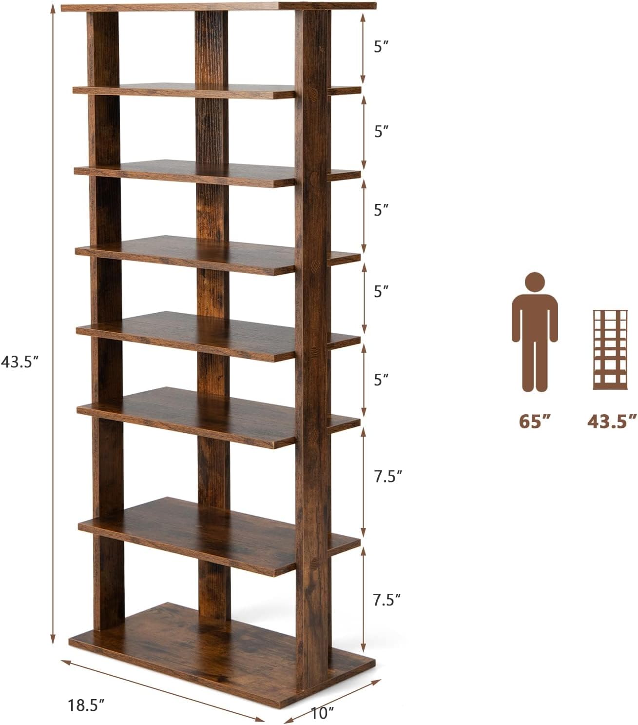 7 Tiers Vertical Shoe Rack, Wooden Slim Shoe Storage Shelf, Narrow Shoe Stand Tower for Boots, Space Saving Shoe Organizer for Closet, Entryway, Front Door (Large, Rustic Brown)