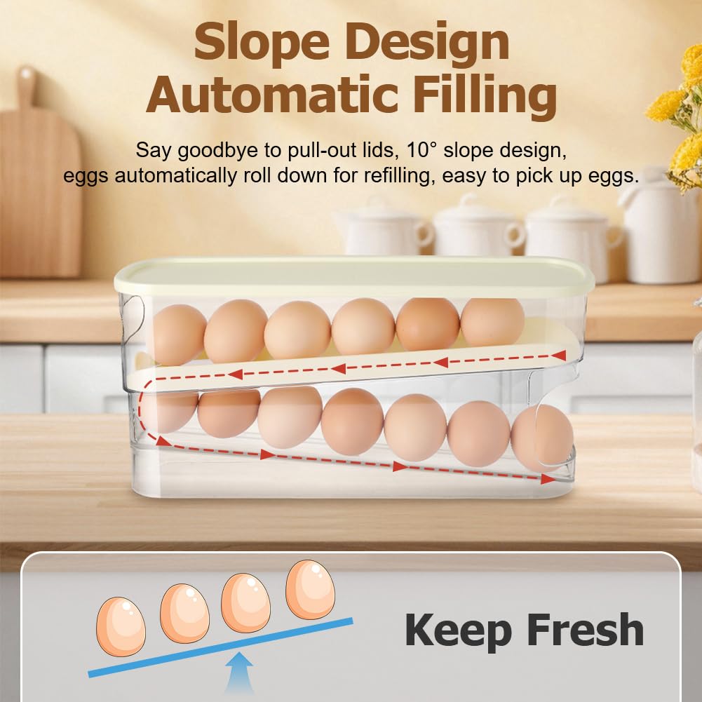 HOTUT 2 Tier Egg Holder for Fridge,Rolling Egg Dispenser Rack,Space Saving Tray,Side-door Fridge Organizer for Kitchen Refrigerator Table (Transparent white) - Image 3