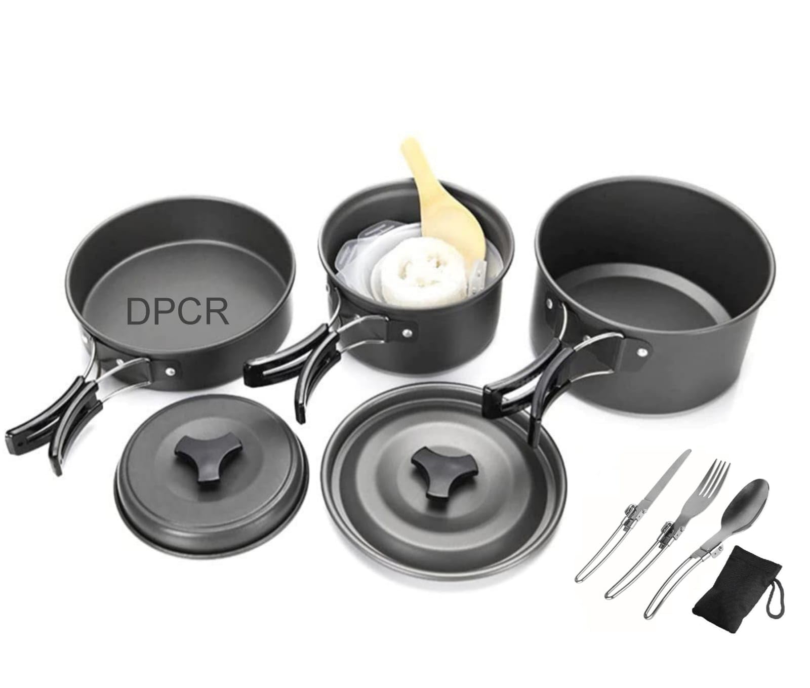 dpcr portable camping cookware mess kit with spoon set, lightweight hiking cookware set with spoon, nonstick aluminum cooking kit,outdoor pot pan kettle mess kit with bowls, spoon (3-4 person)