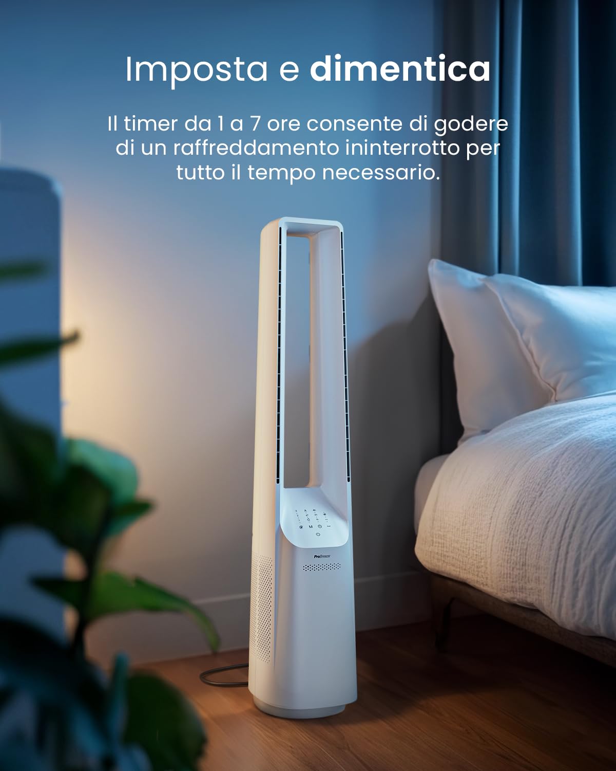 Pro Breeze Ventilatore a Torre Bianco 101 cm Senza Pale – Motore DC Ultra Silenzioso, Telecomando, Display LED, 6 Velocità, 5 Modalità, Oscillazione Automatica 60°, Timer 7h, Ideale per Casa e Camera