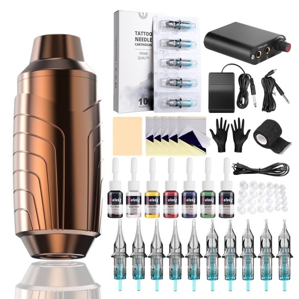 Kit macchinetta rotativa per tatuaggi - Penna per tatuaggi in alluminio con mini alimentatore, corsa da 3,5 mm, motore da 8000-12000 giri/min, pedale e 10 aghi per cartuccia