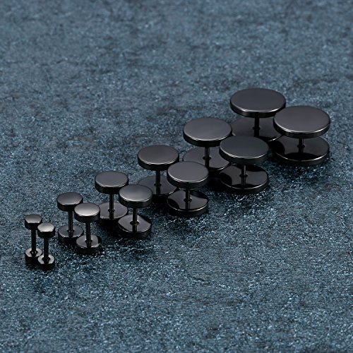 Aroncent 6 Pairs 4-14mm Black Earrings for Men Women Fake Gauges Fake Earrings Stainless Steel Earrings Set4
