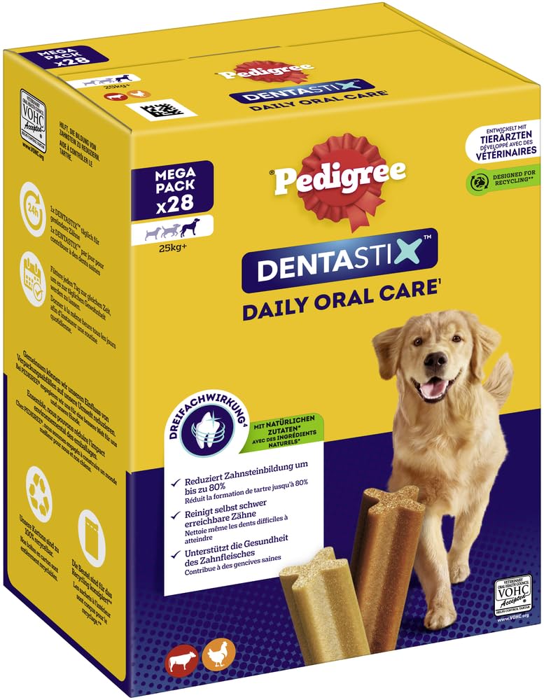 Pedigree DentaStix Hundesnack für große Hunde (25kg+), Zahnpflege-Snack mit Huhn und Rind, 4 Packungen je 28 Stück (4 x 1.08 kg)