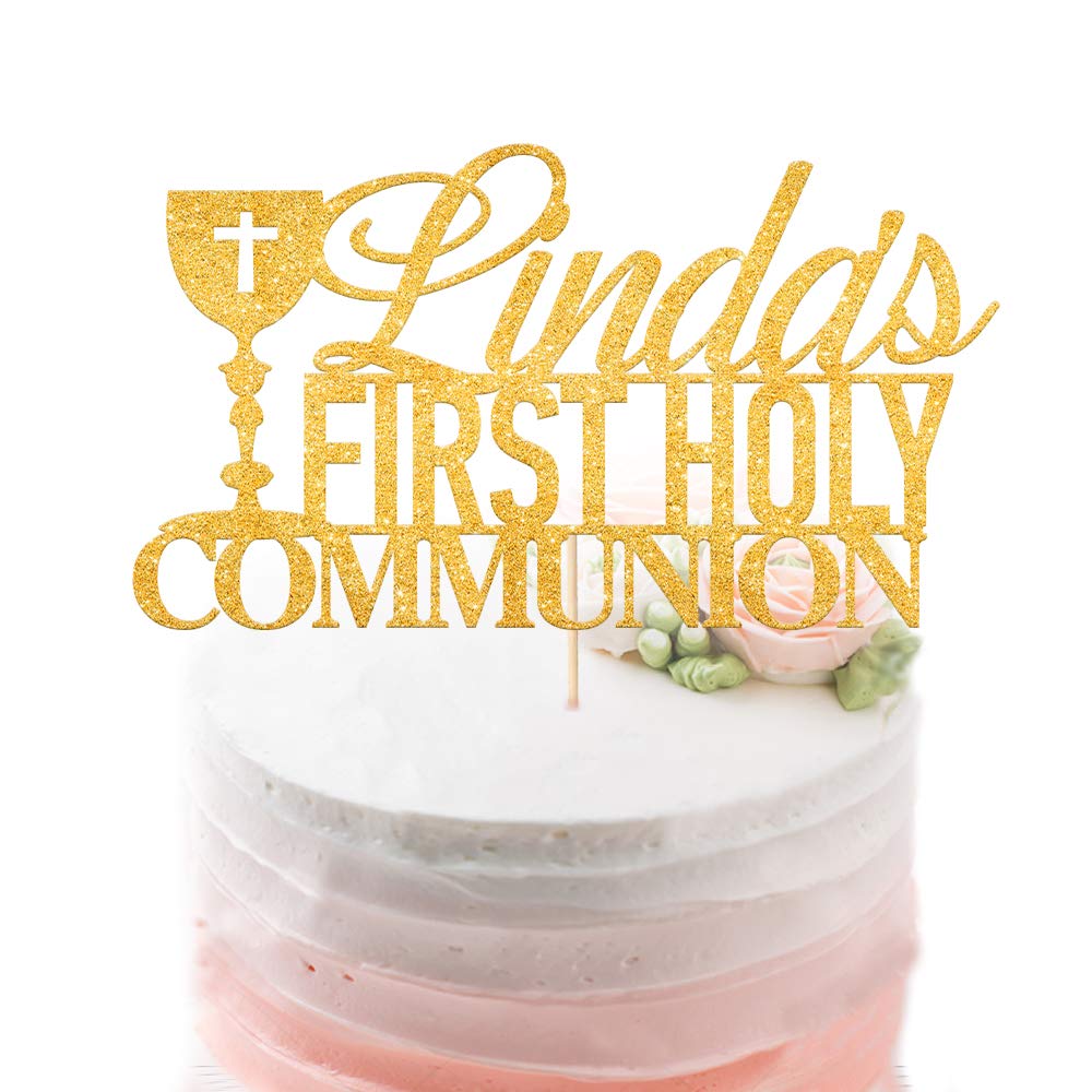 Personalised First Holy Communion Cake Topper - Grail Cross Christening Baptism Confirmation 1st Communion Party Decor Multicolour Glitter Hand Finished in UK(Gold)