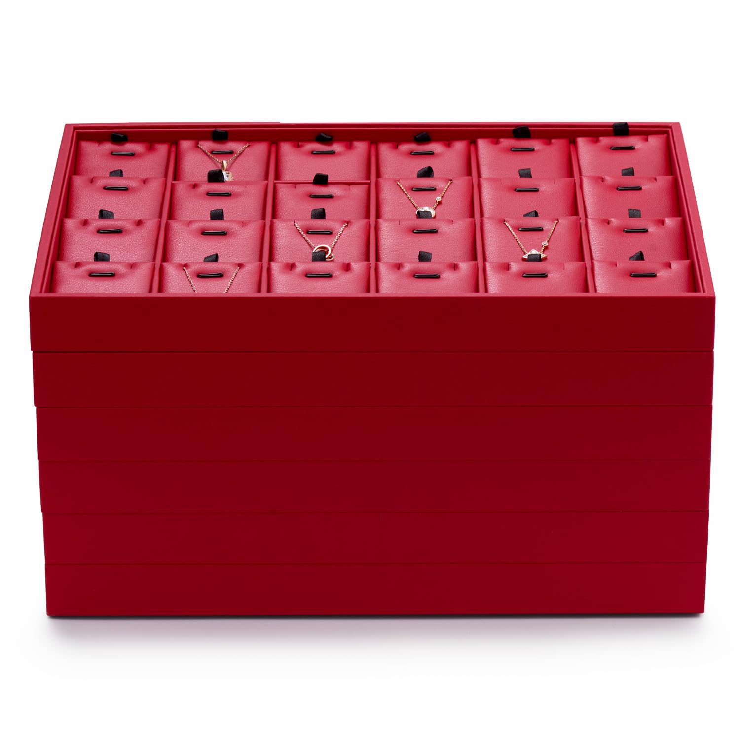 plateau à bijoux empilable en cuir, rangement de bijoux tiroir insert à bijoux organisateur présentoir à bijoux, 35x24x3cm (rouge vin)