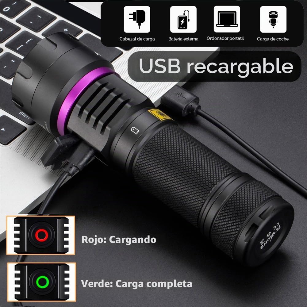 Alonefire SV116 Linterna UV 60W 365nm Profesional Recargable USB C Potente Luz Negra Detector de Orina para Resina, Pesca, Escorpión, Minerales, Pegamento, Ámbar con Gafas Protectoras UV, Batería