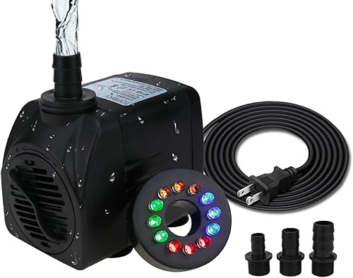 Bomba sumergible de fuente de 400 GPH (1800LH, 25W), ultra silenciosa, 12 luces LED coloridas con 3 boquillas, cable de alimentación de 6 pies para