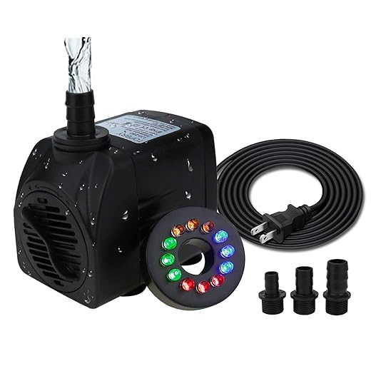 800 GPH Submersible Fountain Pump (3000L/H, 45W), Ultra Quiet 12 LED Colorful Pump Lights with 3 Nozzles, 6 Feet Power Cord for Fish Tank, Pond, Aquarium, Statuary, Hydroponics
