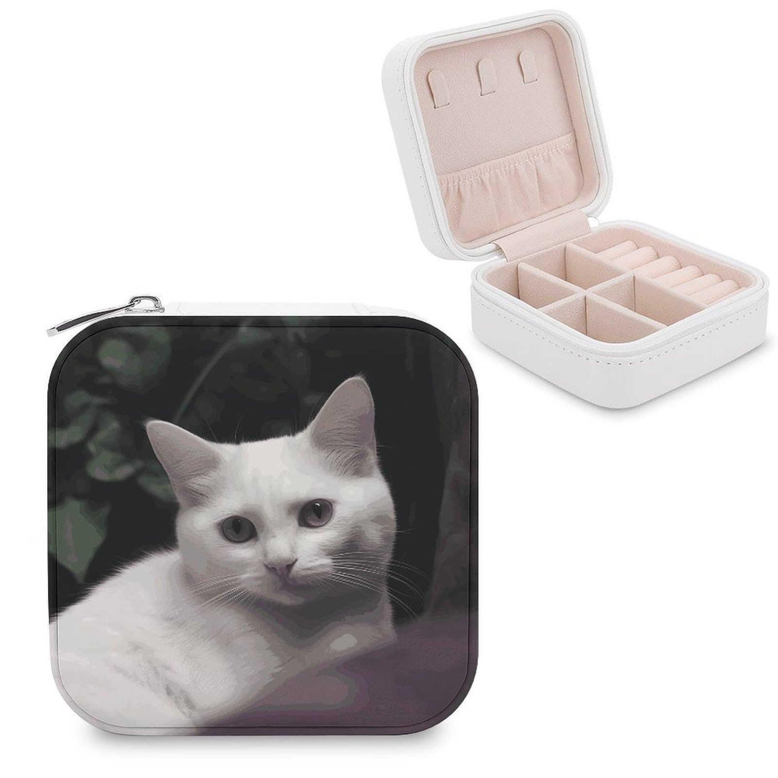 JTREHY Travel White Cat Jewelry Case Portable Display Storage Box PU Leather Mini Jewelry Travel Case Personalized Travel Jewelry Organizer Small Jewelry Box for Women