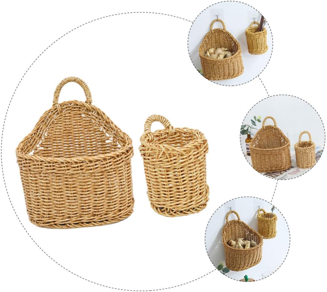 Luxshiny 4pcs Woven Storage Baskets Handle Wall-mounted Fruit and Vegetable Organizer for Kitchen Use Rustic Hanging Baskets for Snacks and Seasonings for Home Decor