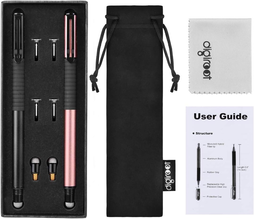 Digiroot (2Pcs) 2-in-1 Precision Stylus Disc Tip with Fiber Tip for Notes-Taking, Drawing, Navigation on Touch Screen (4 Discs, 2 Fiber Tips Included)- (Black/Rose Gold)