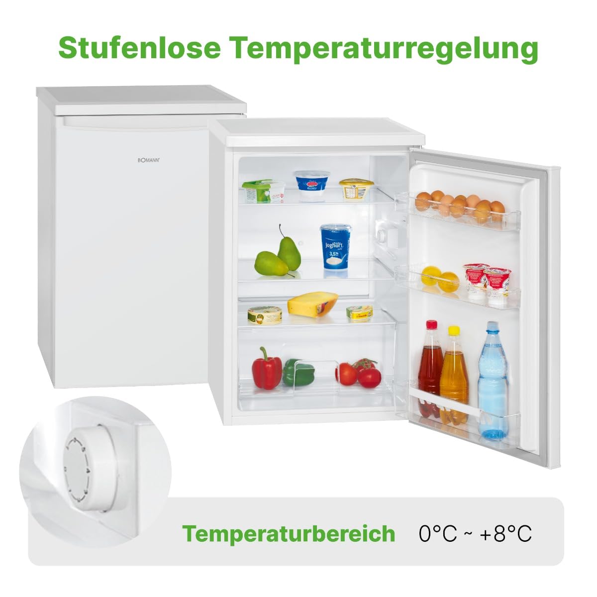 Bomann Kühlschrank ohne Gefrierfach, 133 Liter Nutzinhalt, 3 Ablagen, Kühlschrank klein mit Gemüsefach, wechselbarem Türanschlag, Tischkühlschrank leise, H:84.5 x B:56 x T:57.5cm - VS 2185.1 weiß