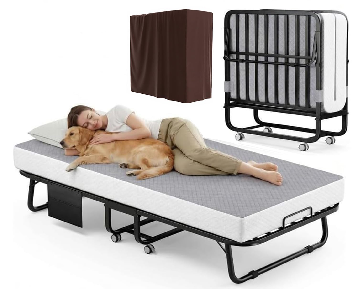 Decofy Folding Bed with Memory Foam Mattress, Portable Rollaway Guest Bed