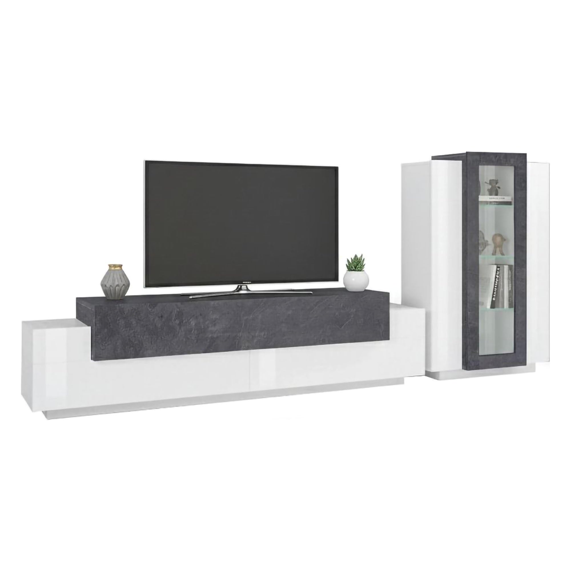 Dmora Parete Attrezzata Mirko 45x280x121h cm Bianco Lucido Modulabile 12 Ripiani, 14 Vani Made in Italy