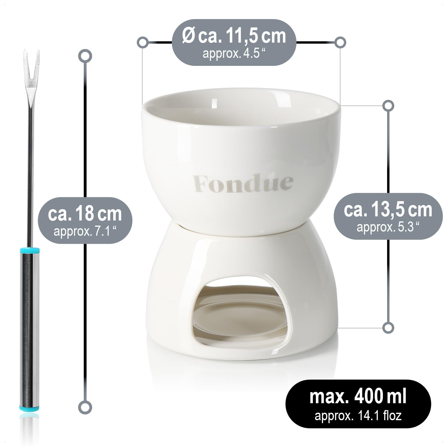 COM-FOUR® Set per fonduta di cioccolato - ciotola in ceramica con portacandela e 4 forchette - crogiolo per cioccolato e formaggio - bianco
